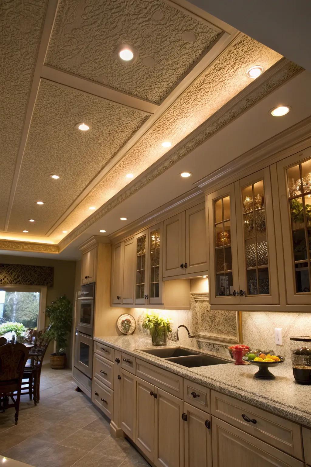 Recessed lighting in the soffit adding warmth and ambiance to the kitchen.