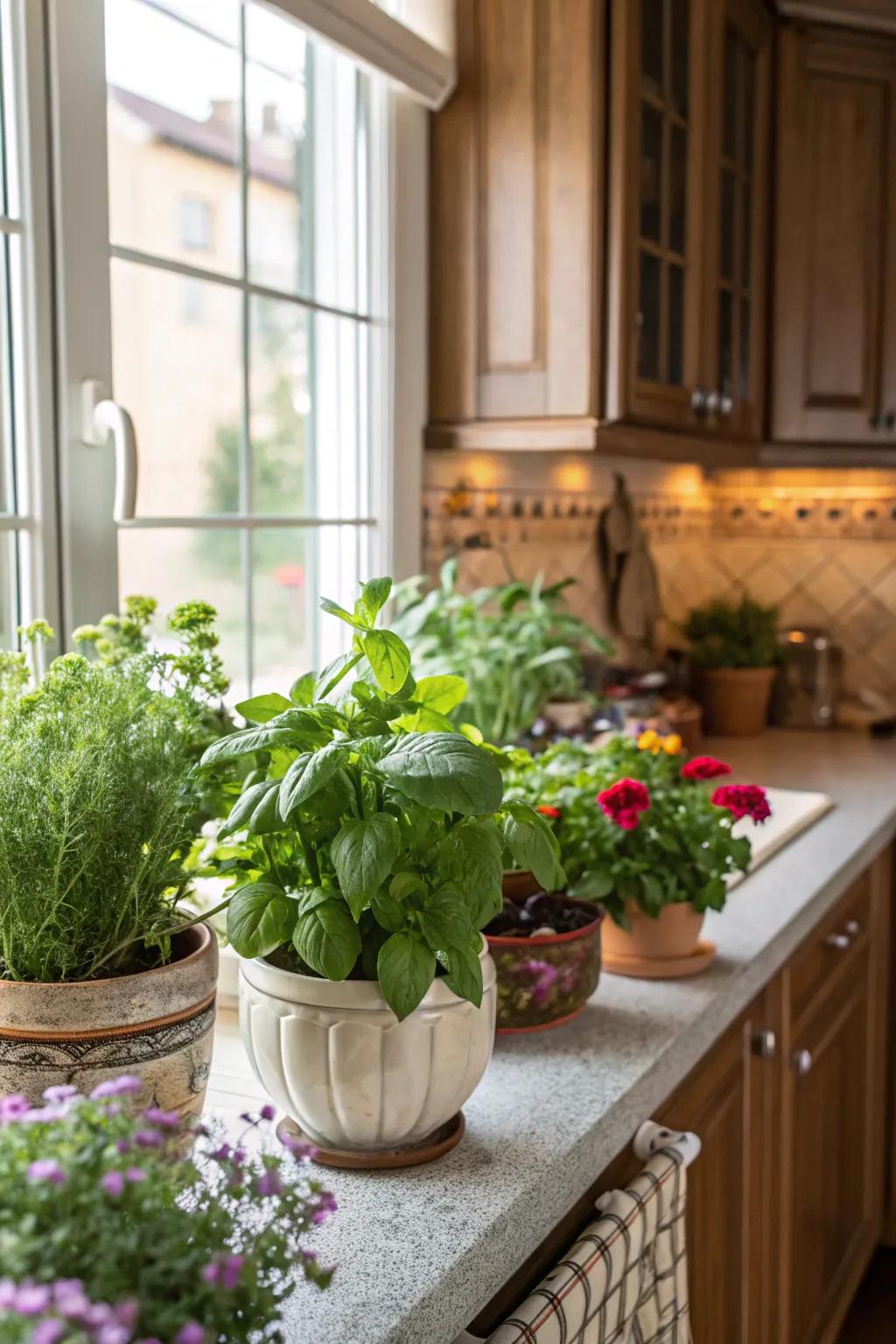 Verdant plants introduce a revitalizing and lively dimension to a cooking area.