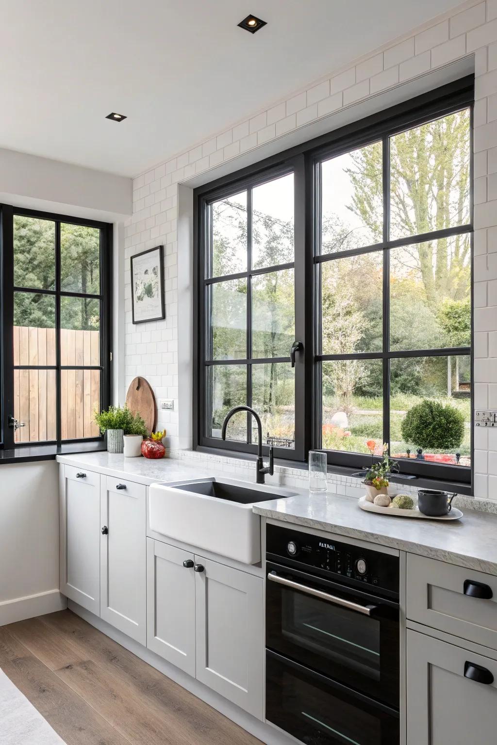 A modern kitchen with sleek black-framed windows.