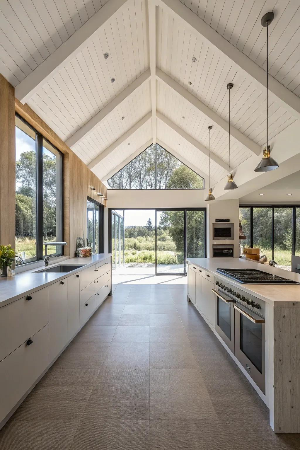 An open layout enhances the airy feel of this kitchen with a vaulted ceiling.