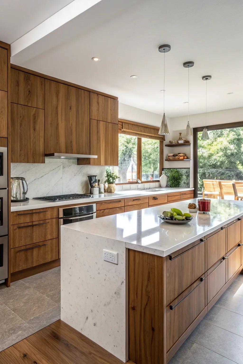 Quartz worktops accented with cozy timber elements.