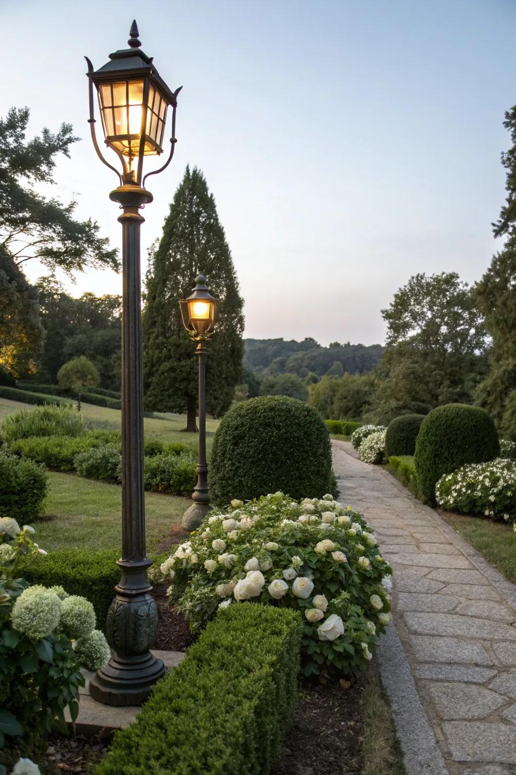 Symmetrical planting around a lamp post for a balanced look.