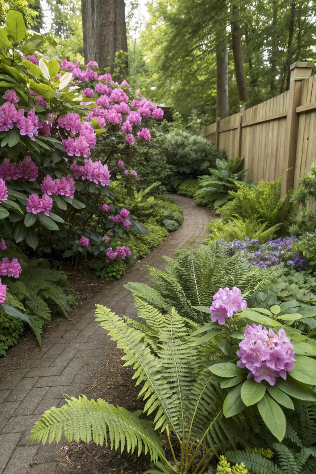 Rhododendrons mixed with other plants for a rich, layered garden.