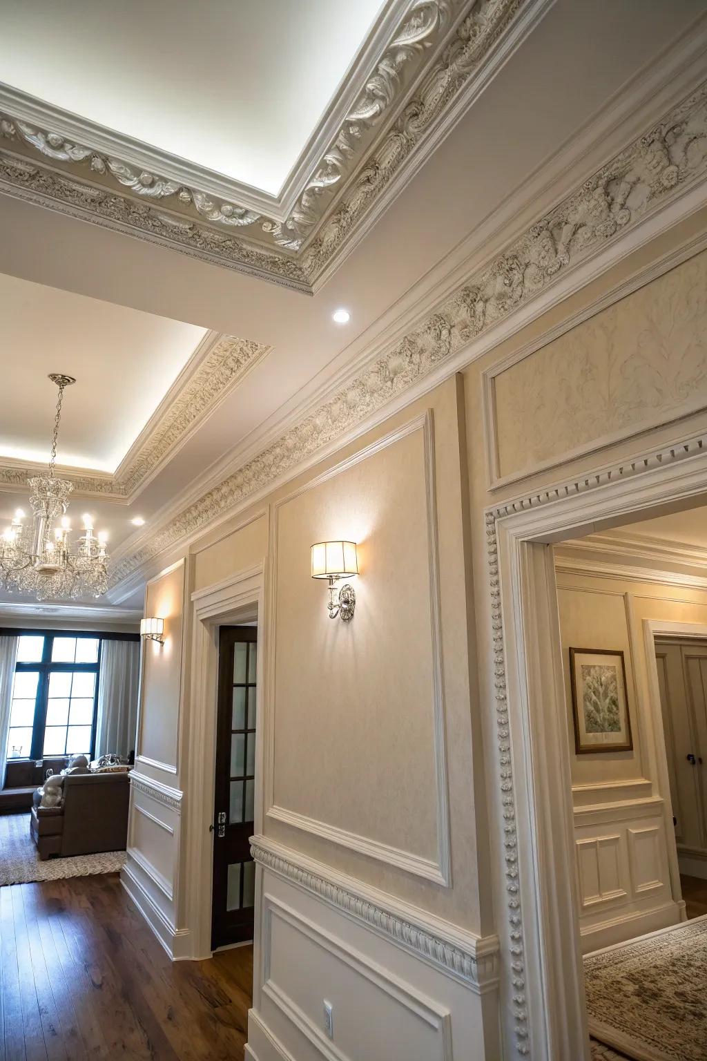 A room showcasing how large crown molding provides a seamless transition between wall and ceiling.