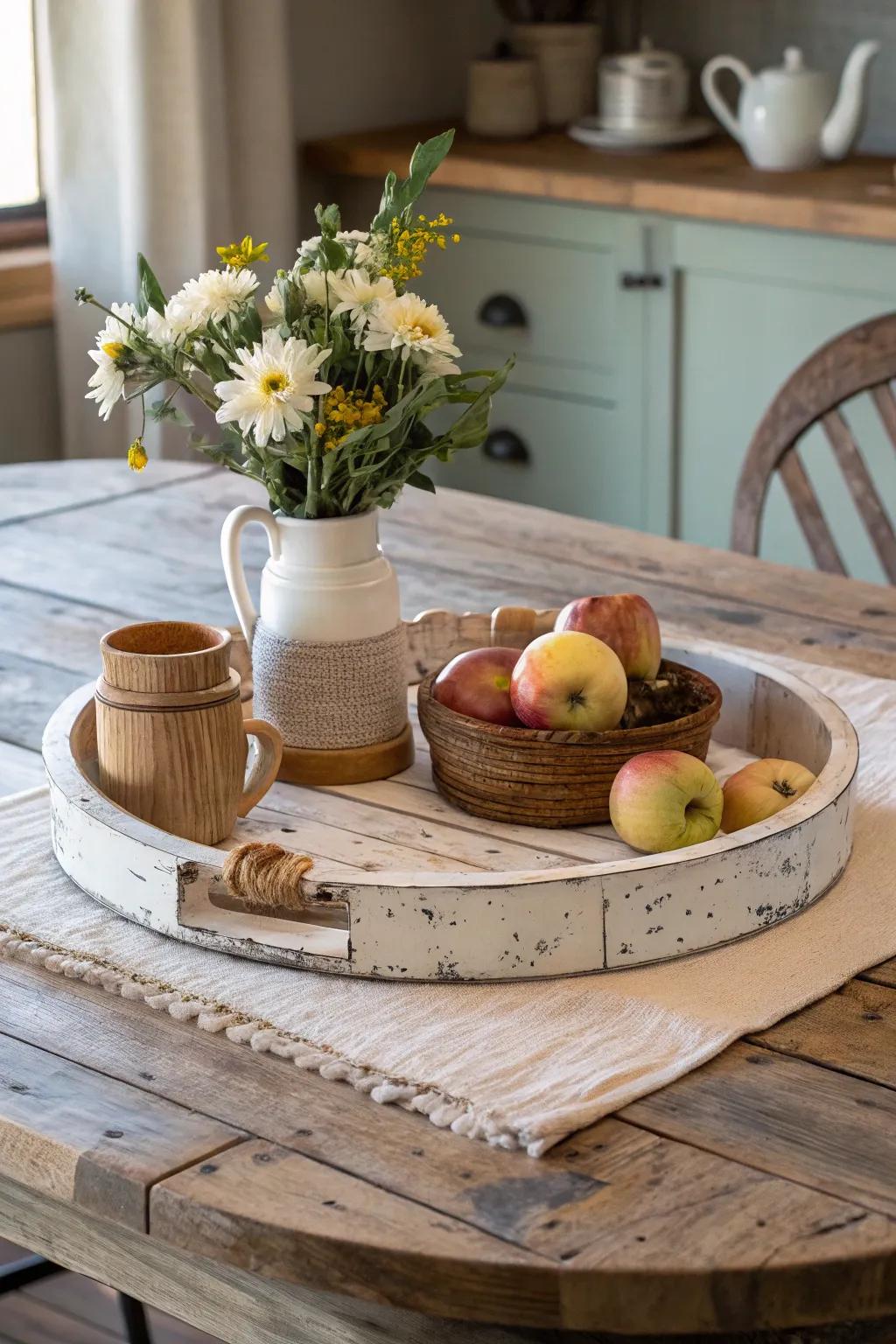 A rustic wooden lazy Susan perfect for a farmhouse look.