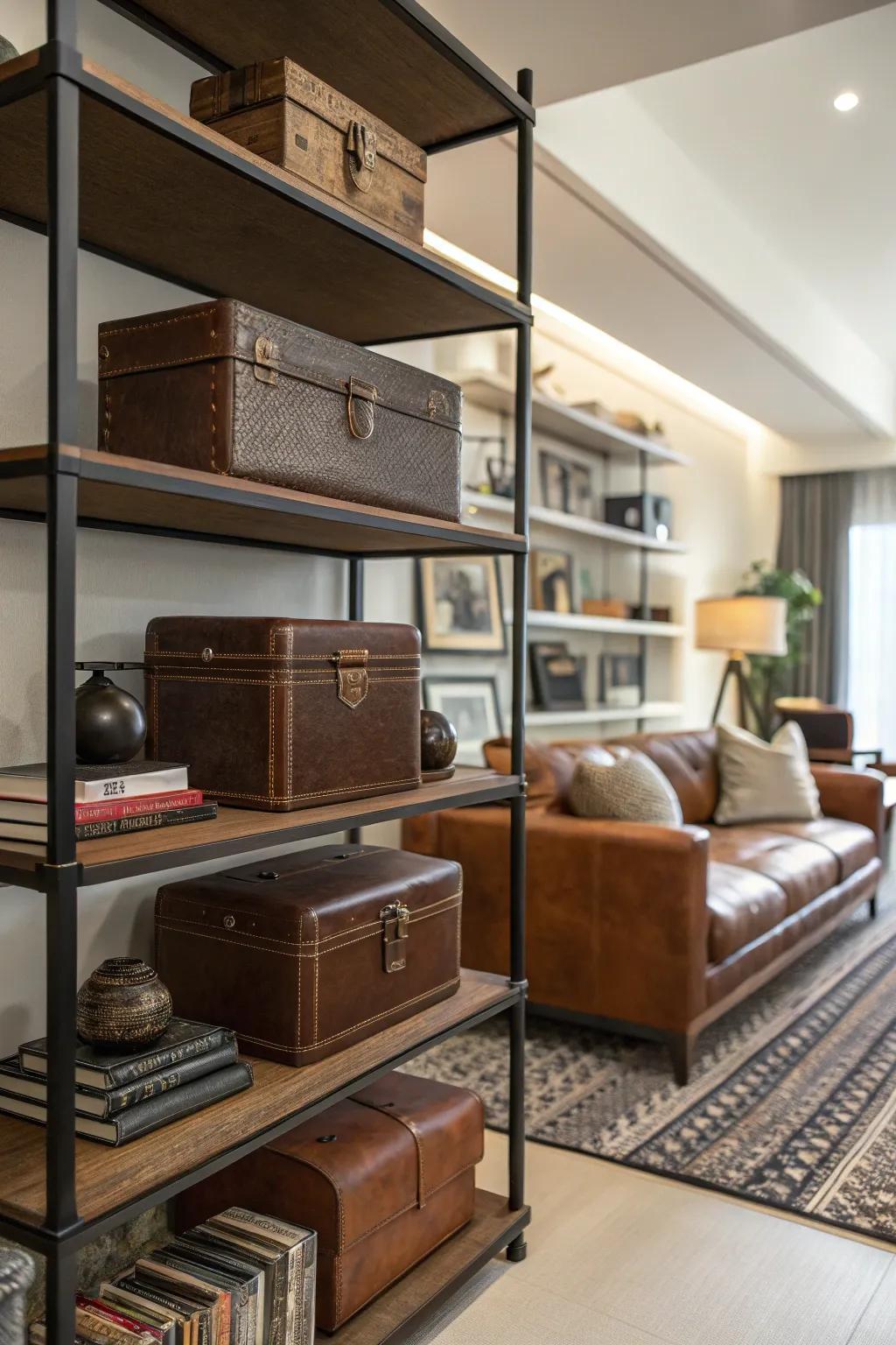 Leather-wrapped boxes offer elegant storage options.