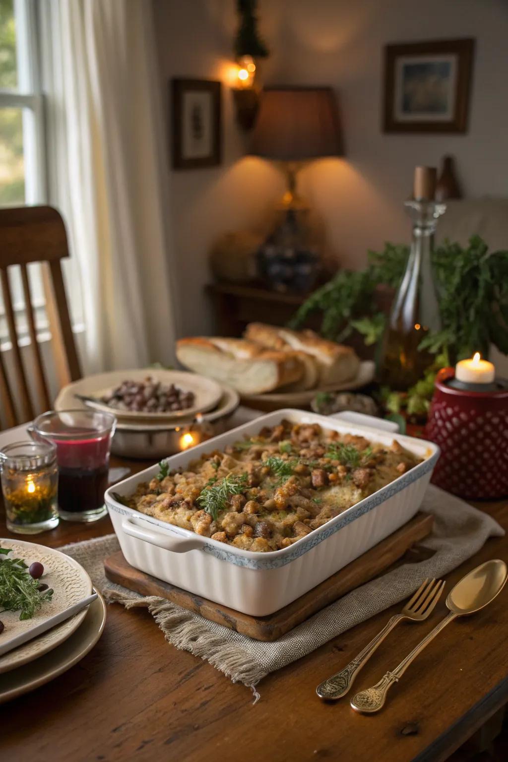 Layered turkey and stuffing casserole is a celebration of Thanksgiving flavors.