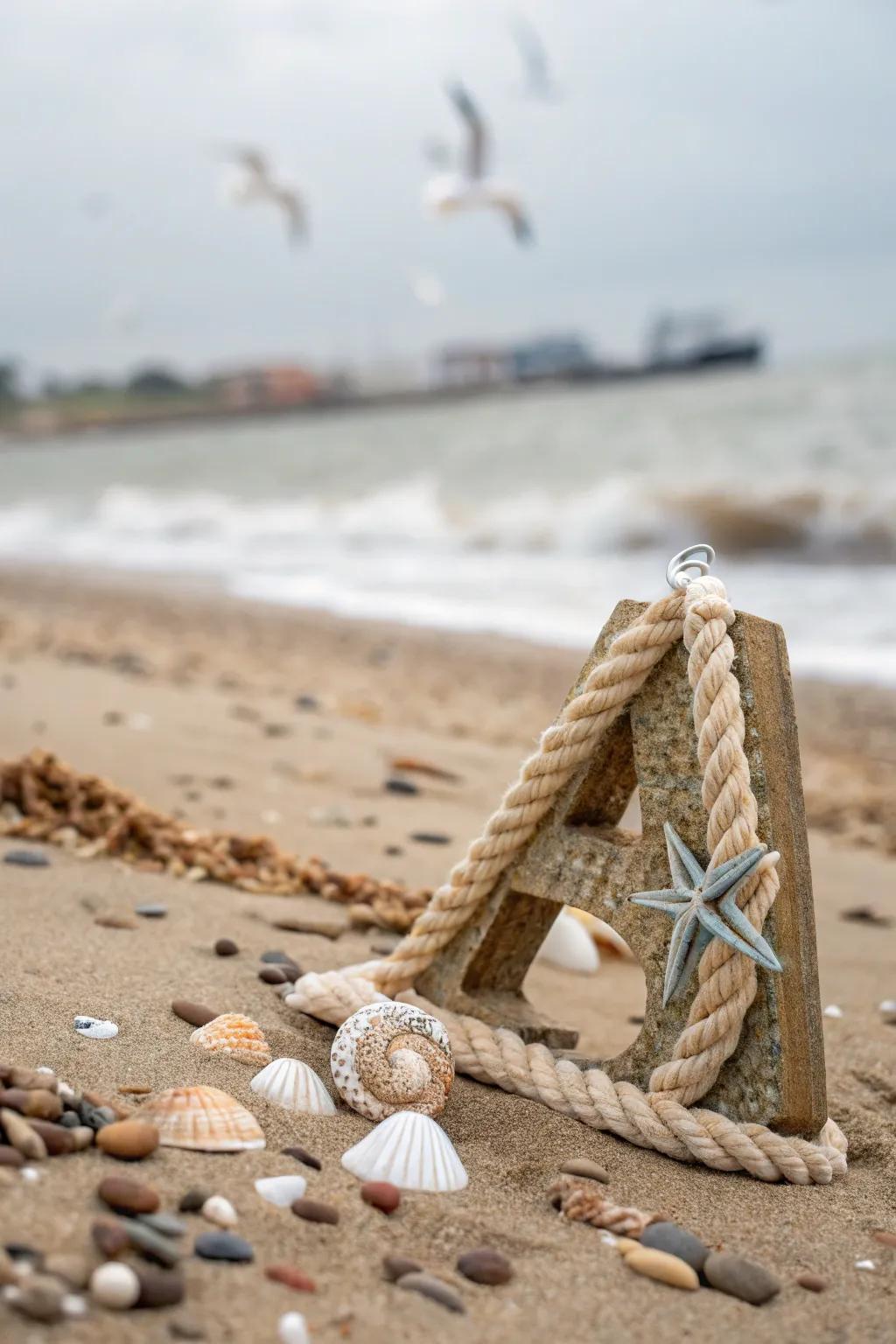A nautical-themed letter showcasing ropes and shells.