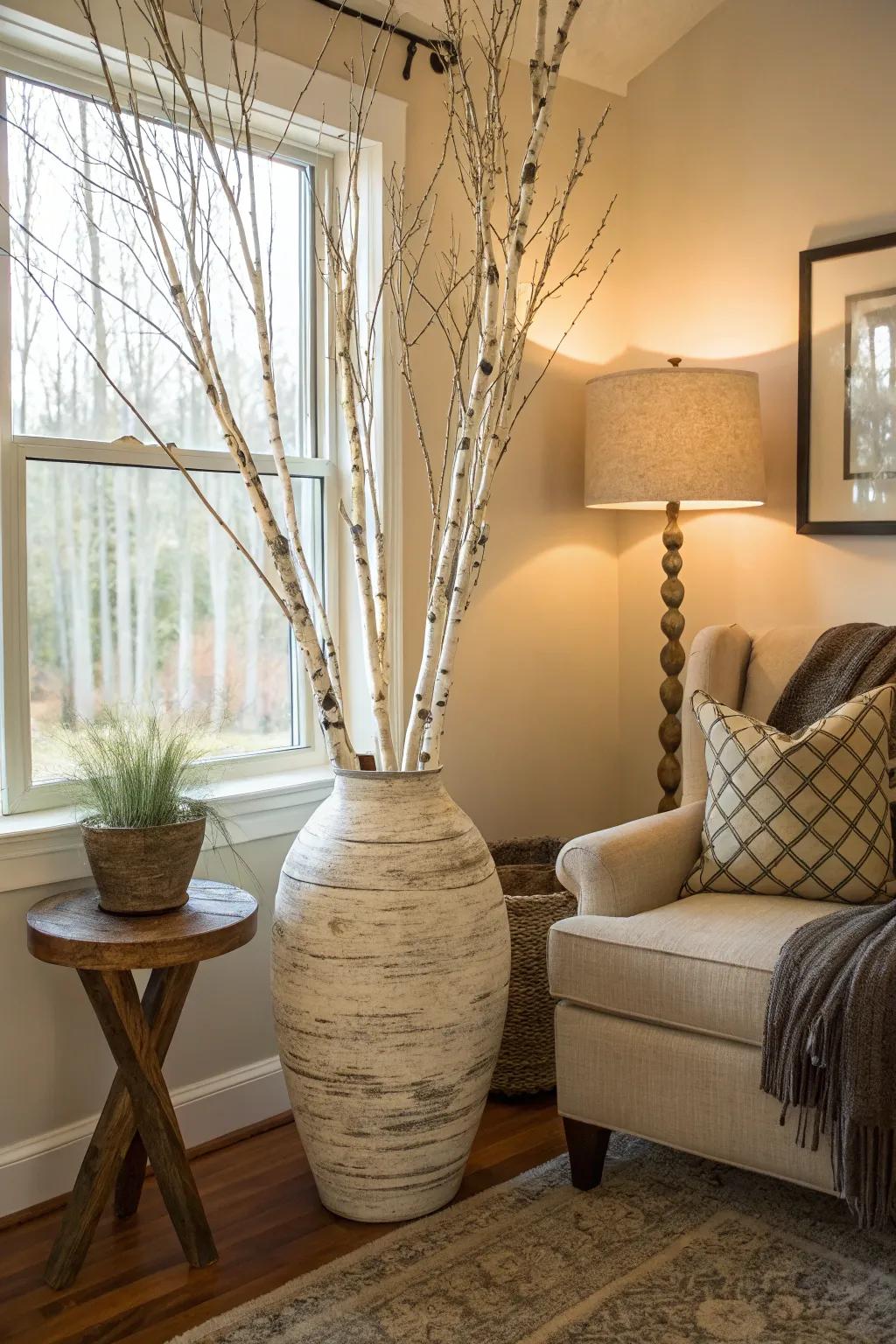 Tall birch branches in a floor vase bring natural texture to a cozy living room corner.