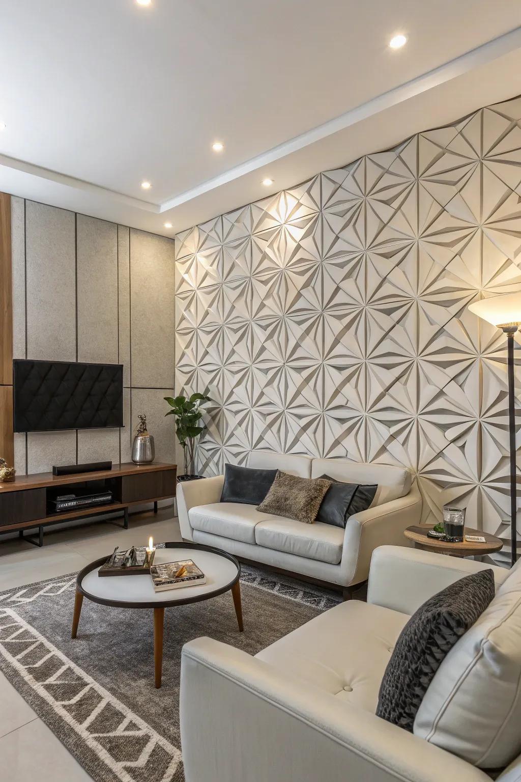 Geometric prints contribute a lively dynamic to your family room partitions.