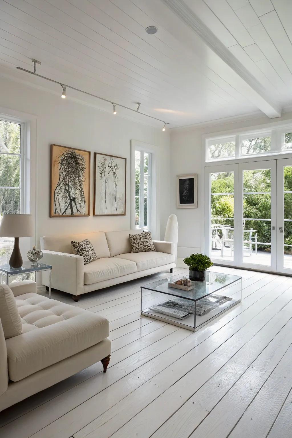 Contemporary furniture complements the modern aesthetic of white wood floors.