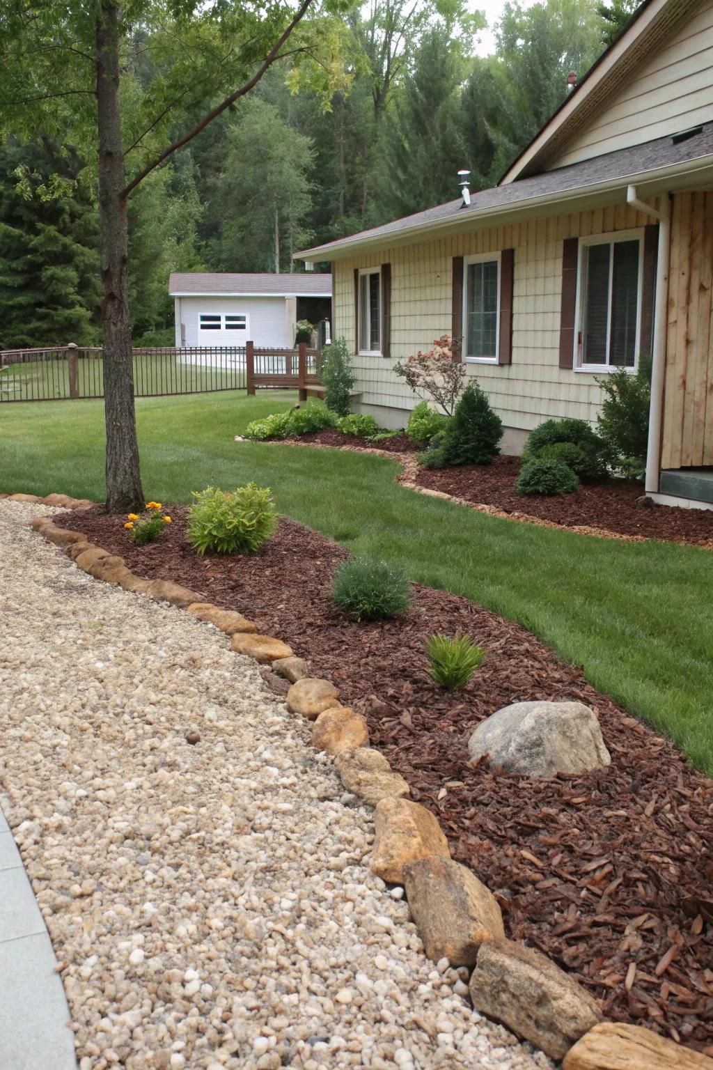 A front yard with a textured combination of mulch and gravel.