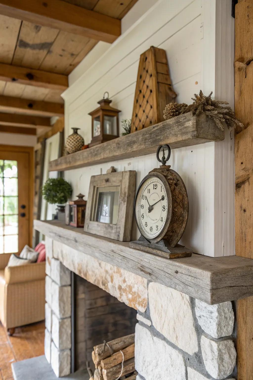 A rustic mantel with a vintage clock and wood accents.