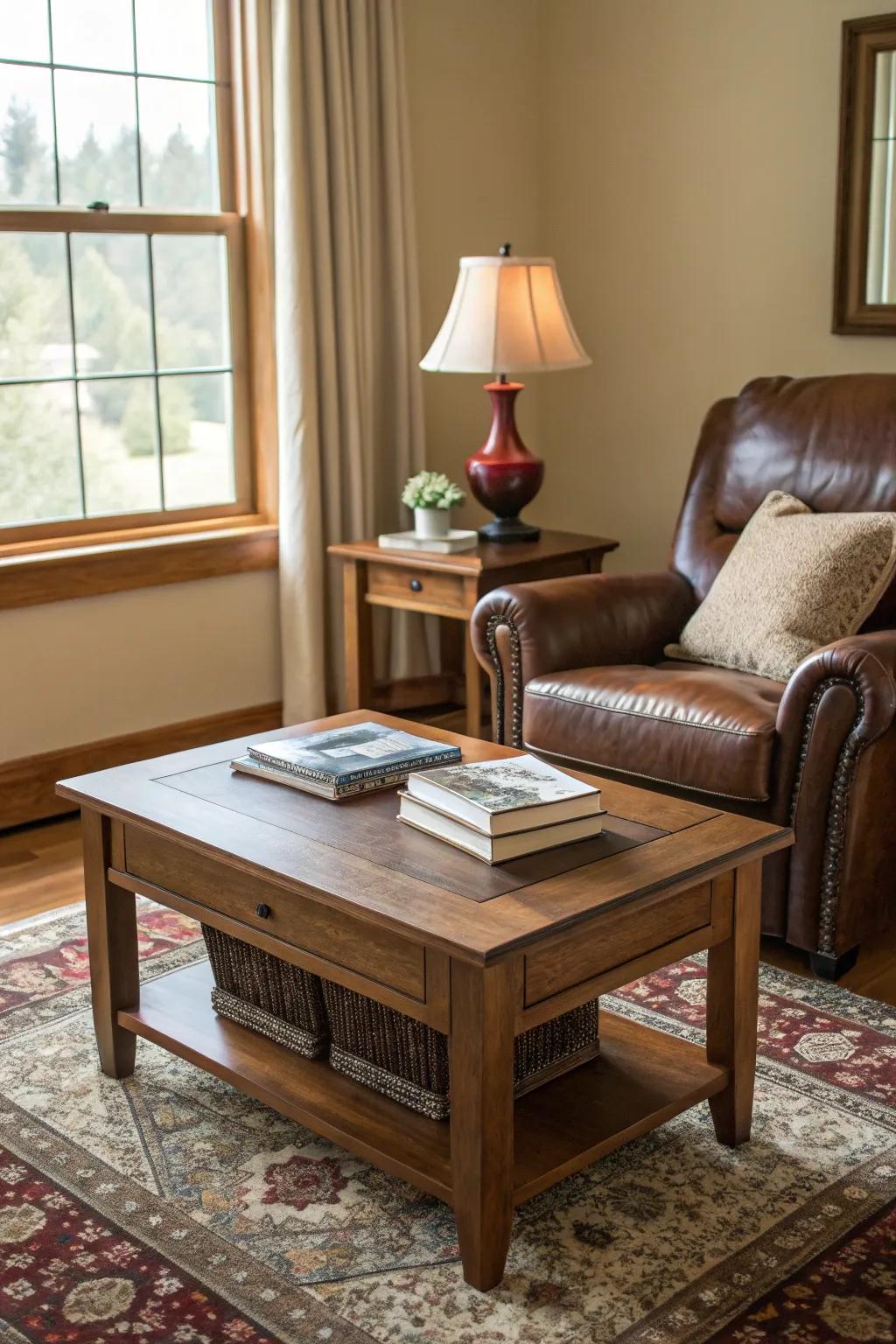 Textured materials like wood and leather enhance the room's depth.