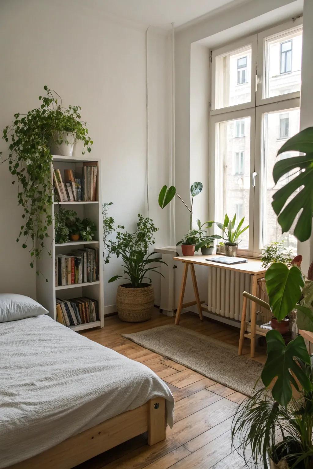 Natural elements add warmth and vitality to this minimalist room.