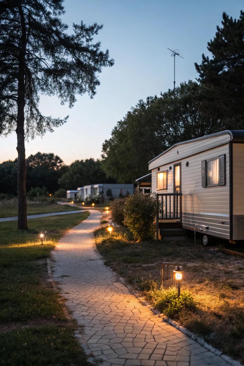 Solar path lights creating a warm glow along a mobile home's walkway.