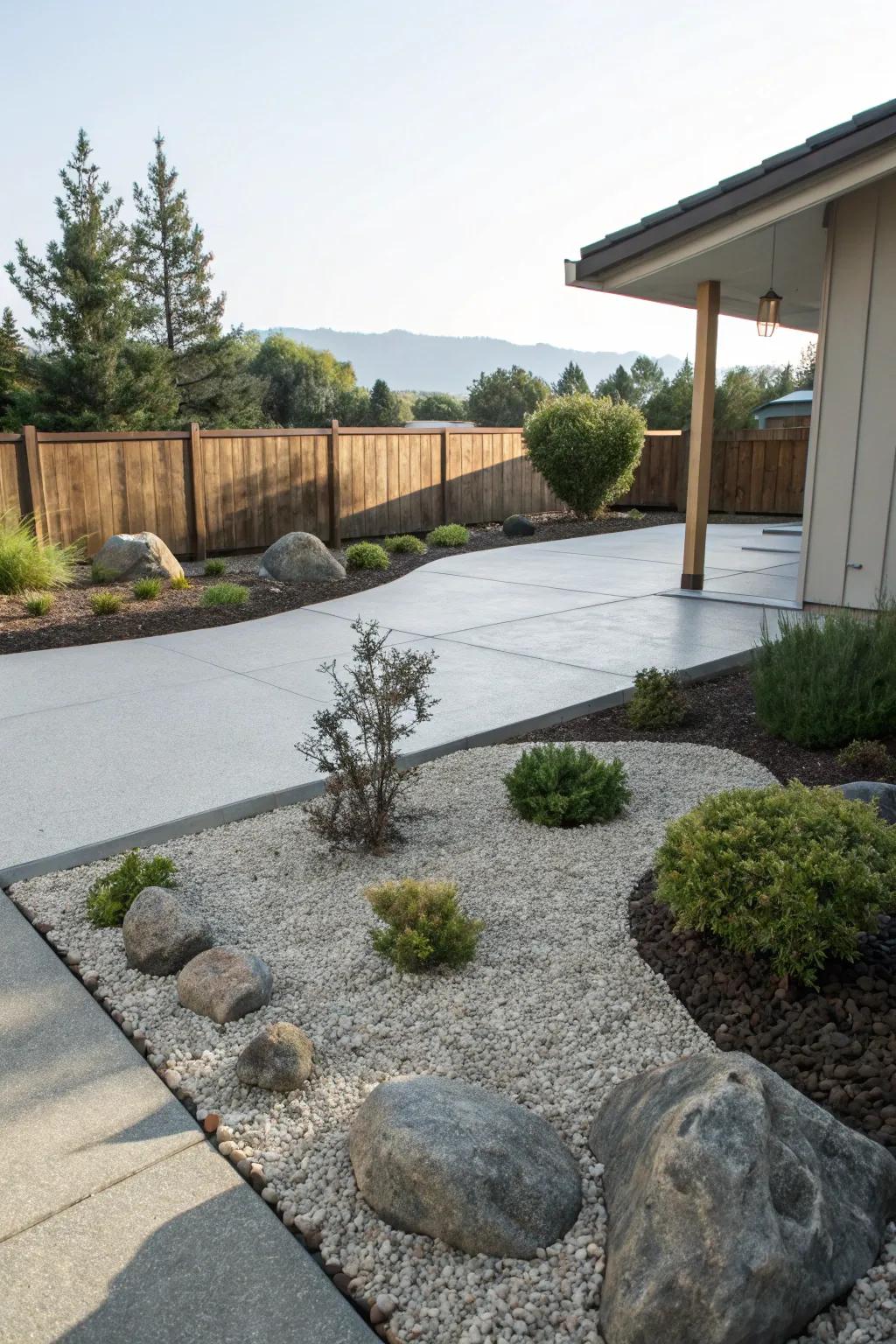 Minimalist landscaping complements the patio's texture.