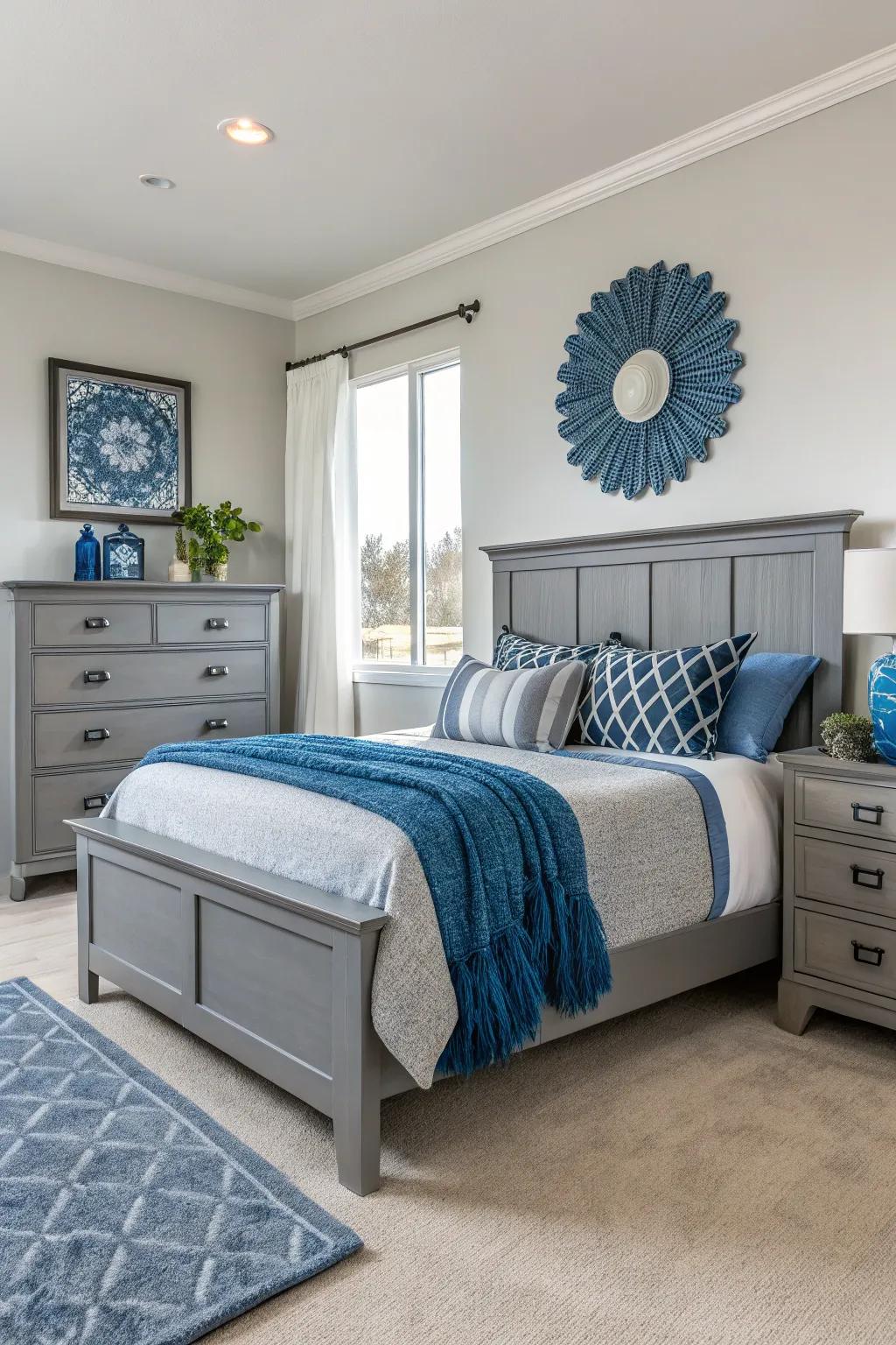 Modern grey furniture and blue accents create a fresh, contemporary bedroom.