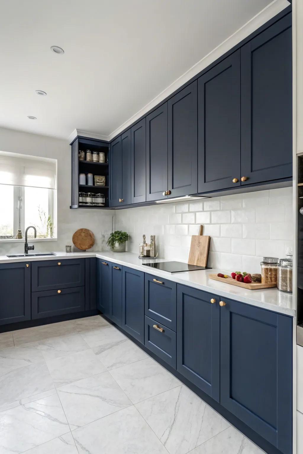 Minimalist navy blue cabinets offer a sleek and modern kitchen look.