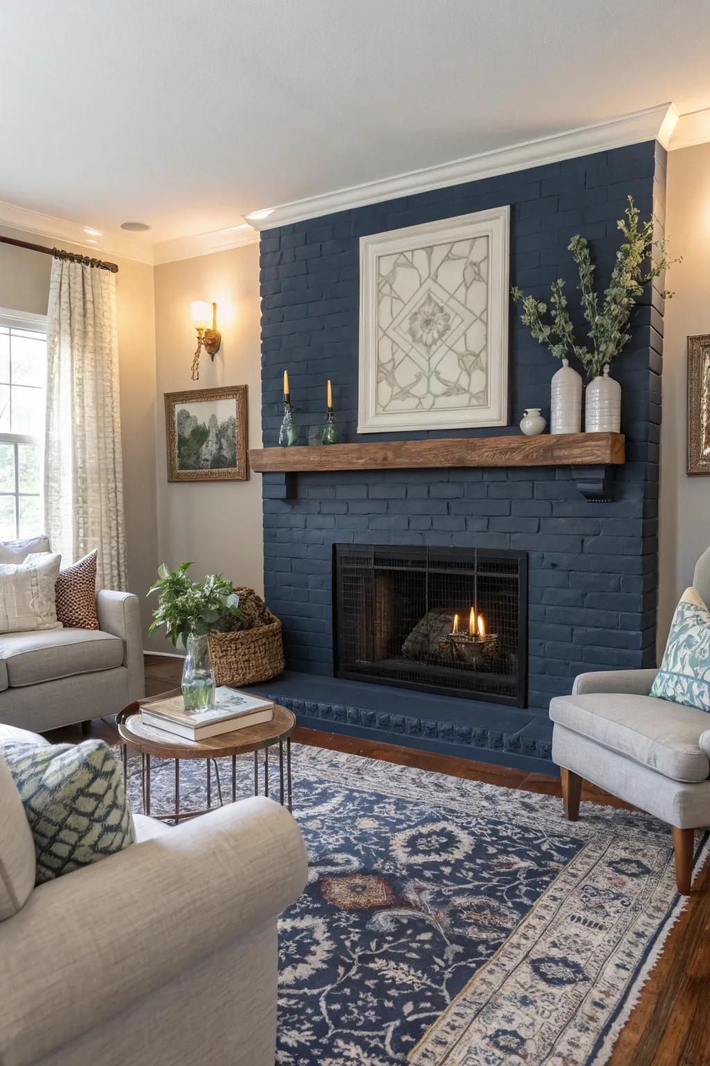 Navy painted brick fireplace offers sophistication and calm.