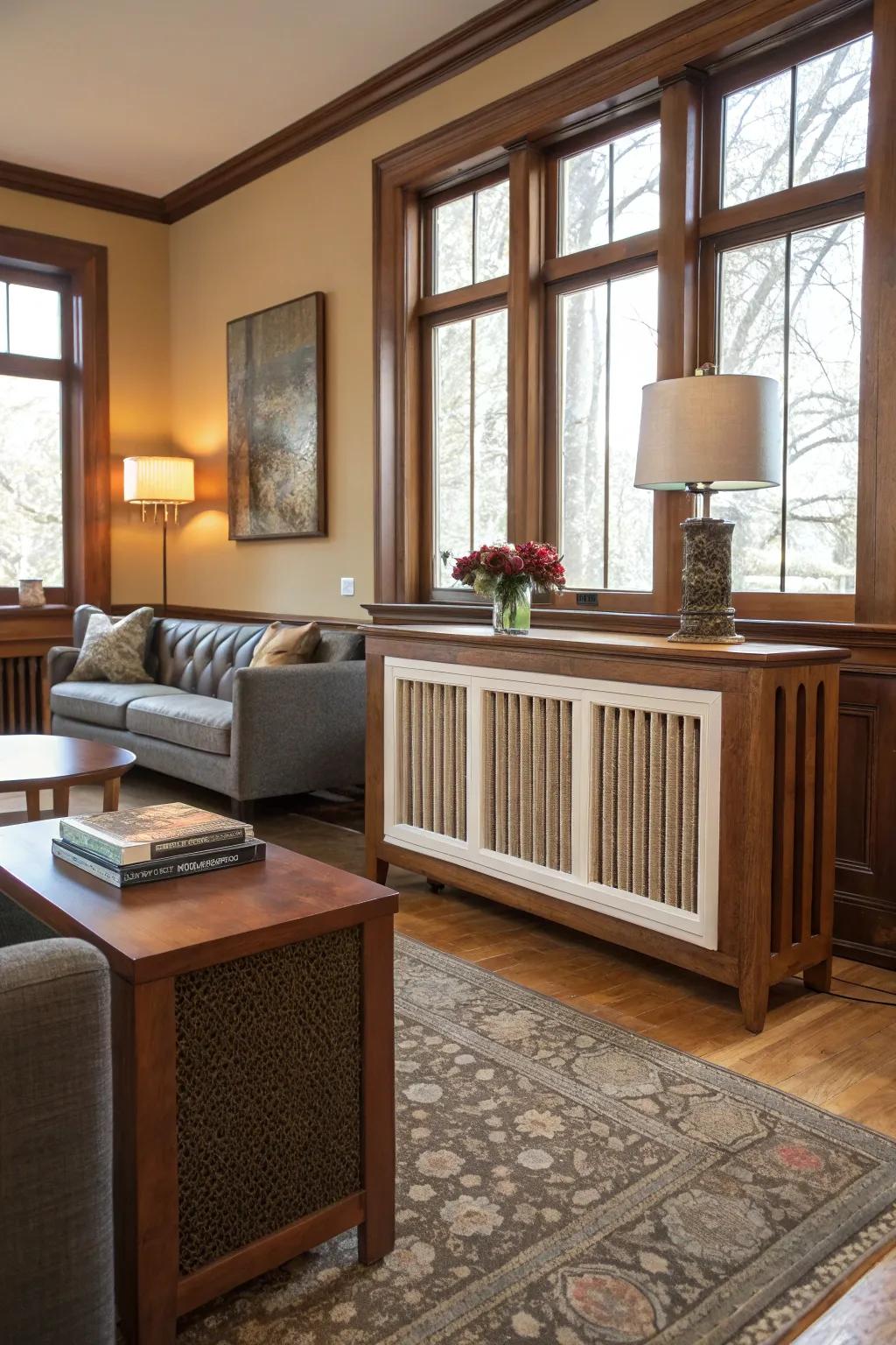 A mid-century modern living space showcasing a stylish radiator shield.