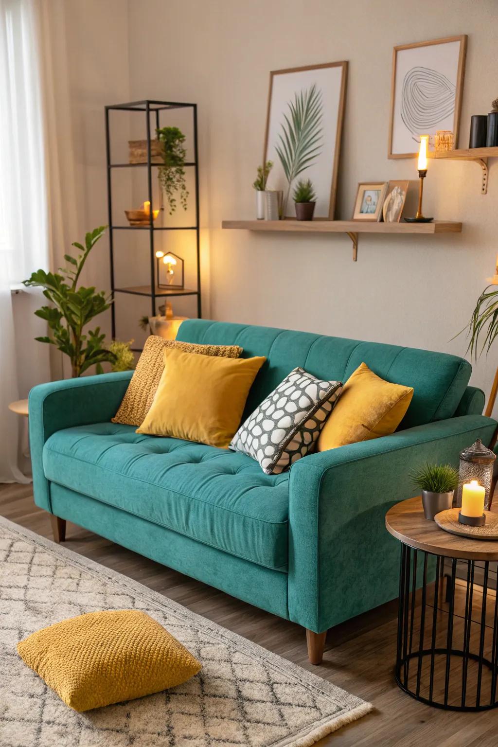 Yellow pillows add a playful touch to seating areas.