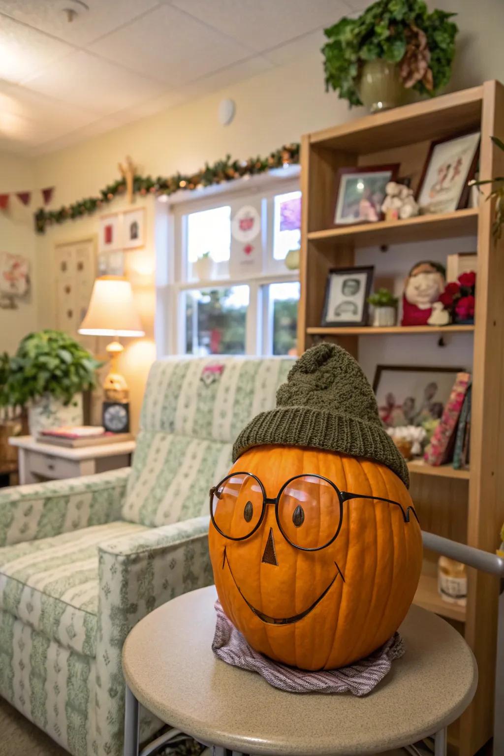 A pumpkin turned elderly character brings personality and charm.