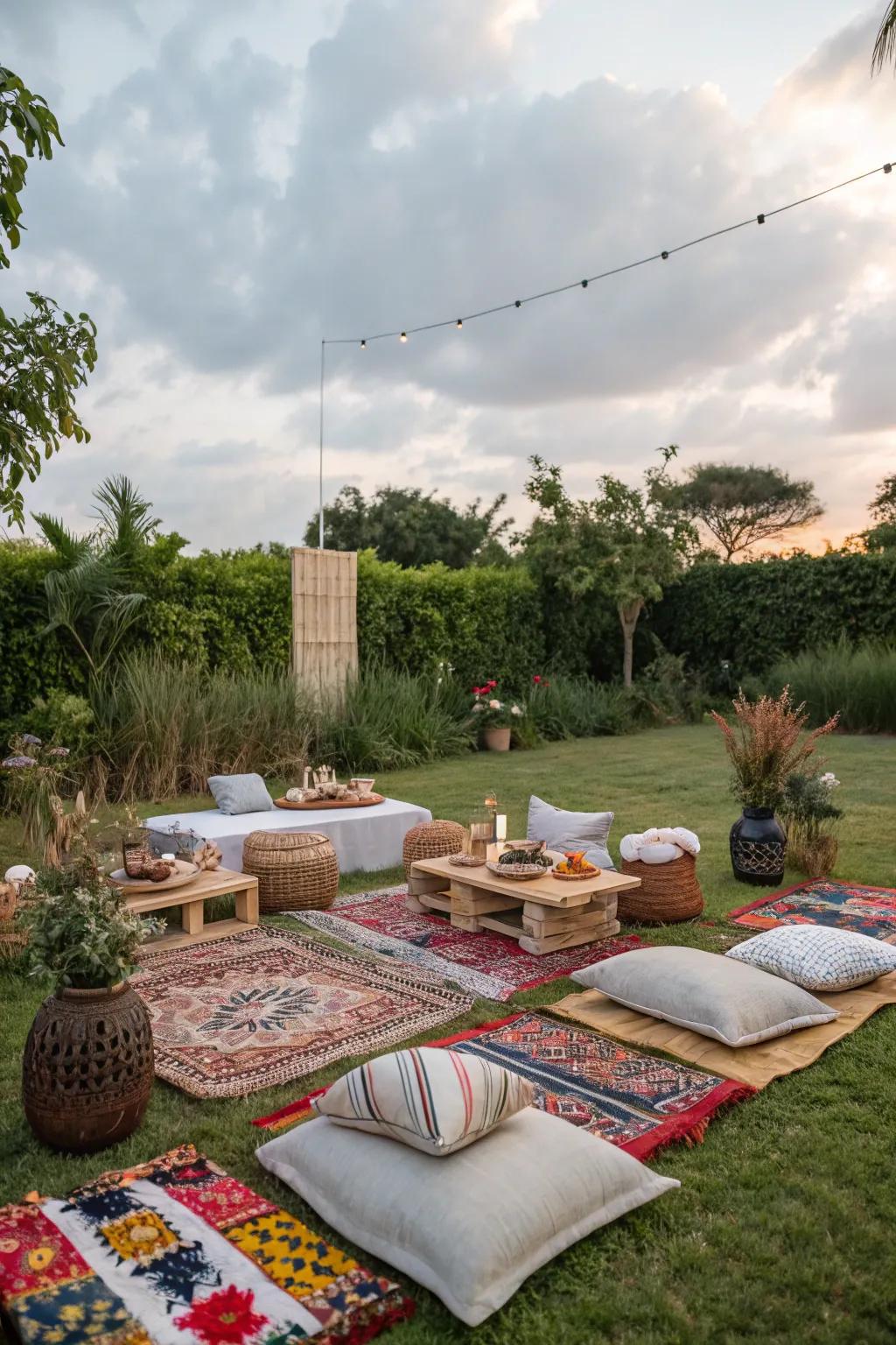 Relax and enjoy a bohemian picnic with friends.