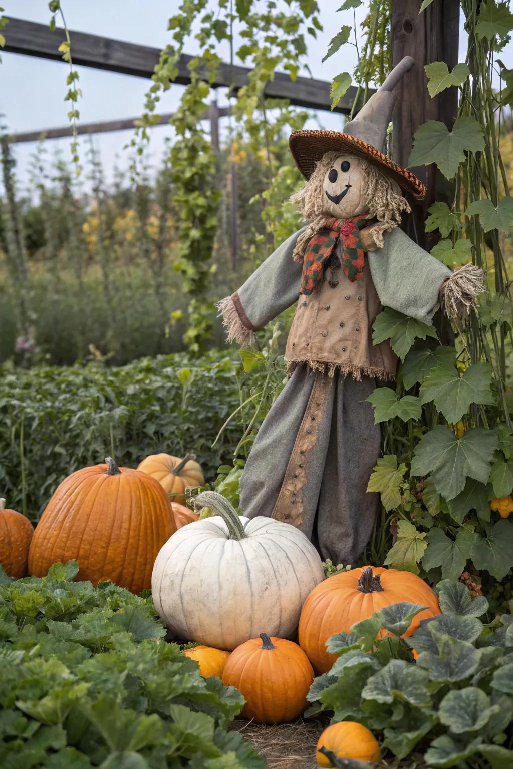 A scarecrow nestled among pumpkins adds a whimsical touch.