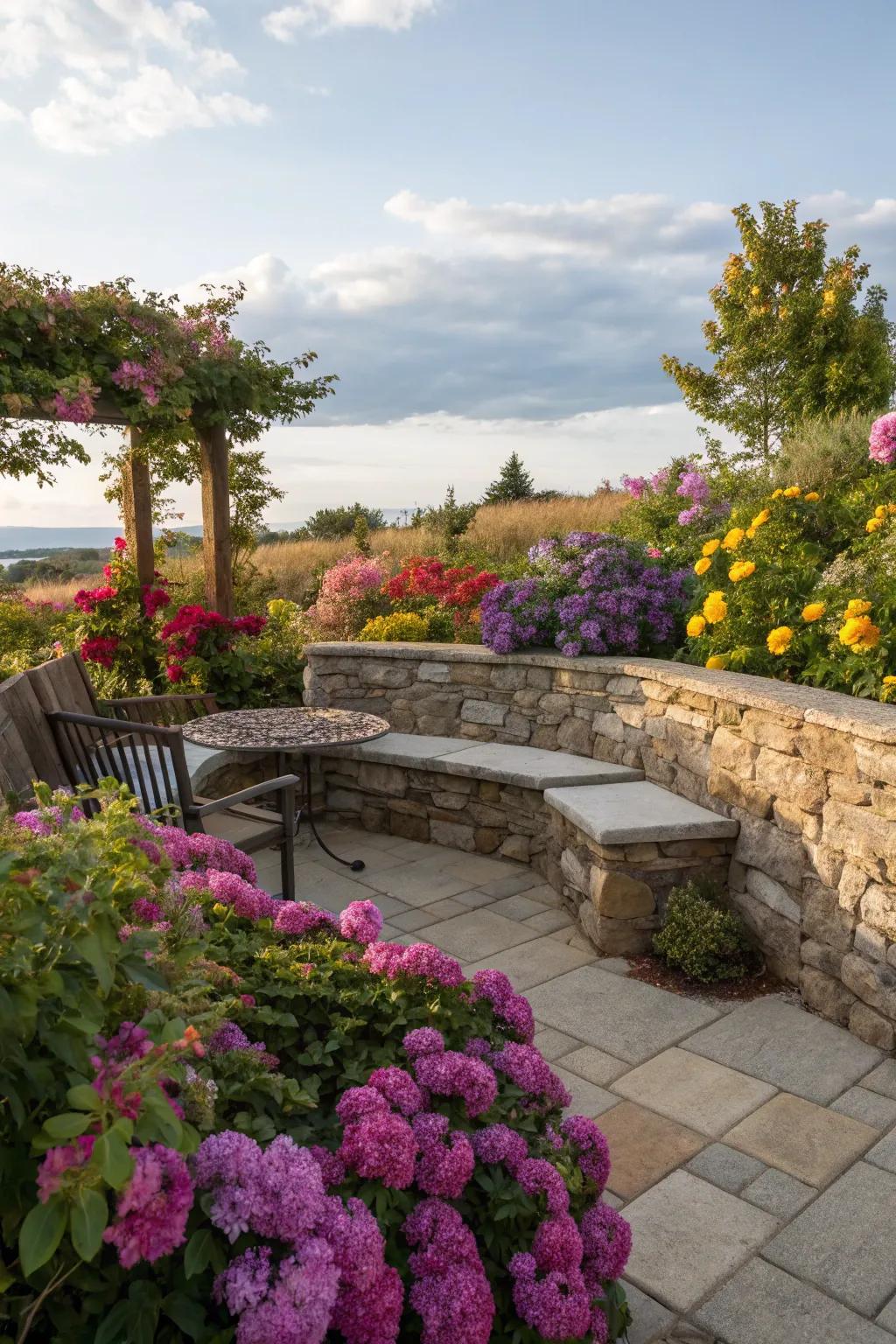 Stone walls with built-in seating offer practical elegance.