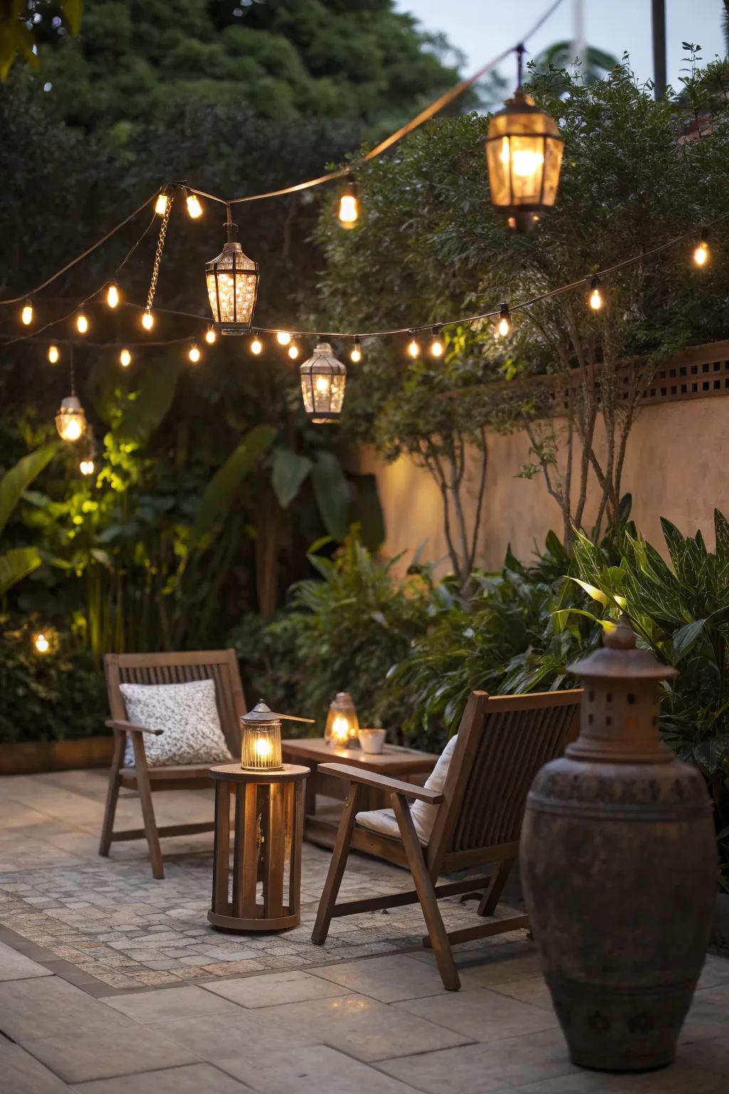 Ambient lighting can transform your patio into a magical evening retreat.