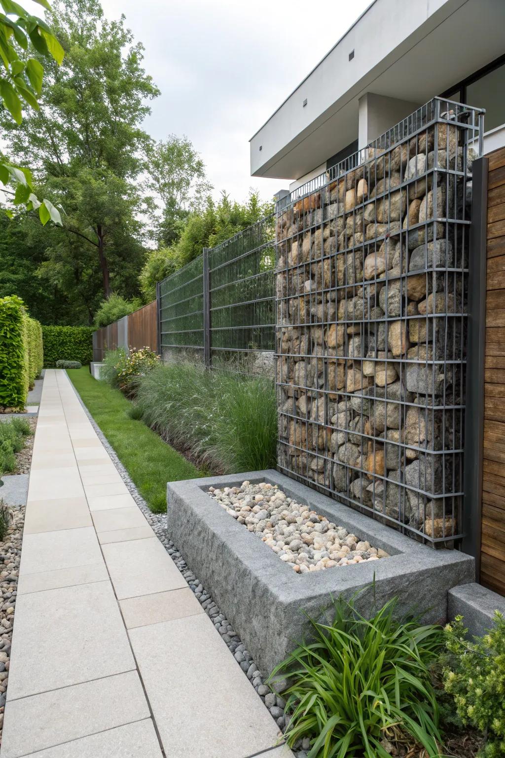 Gabion walls offer a sustainable and modern design.