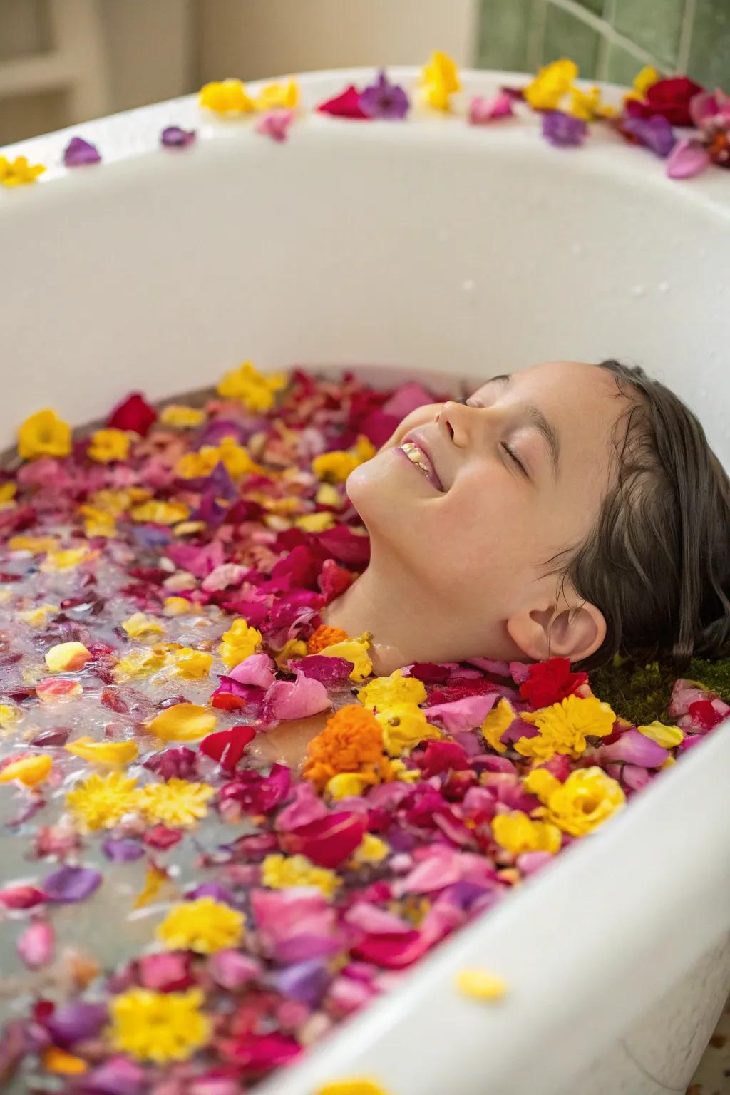 A child delighting in a vibrant floral bath.