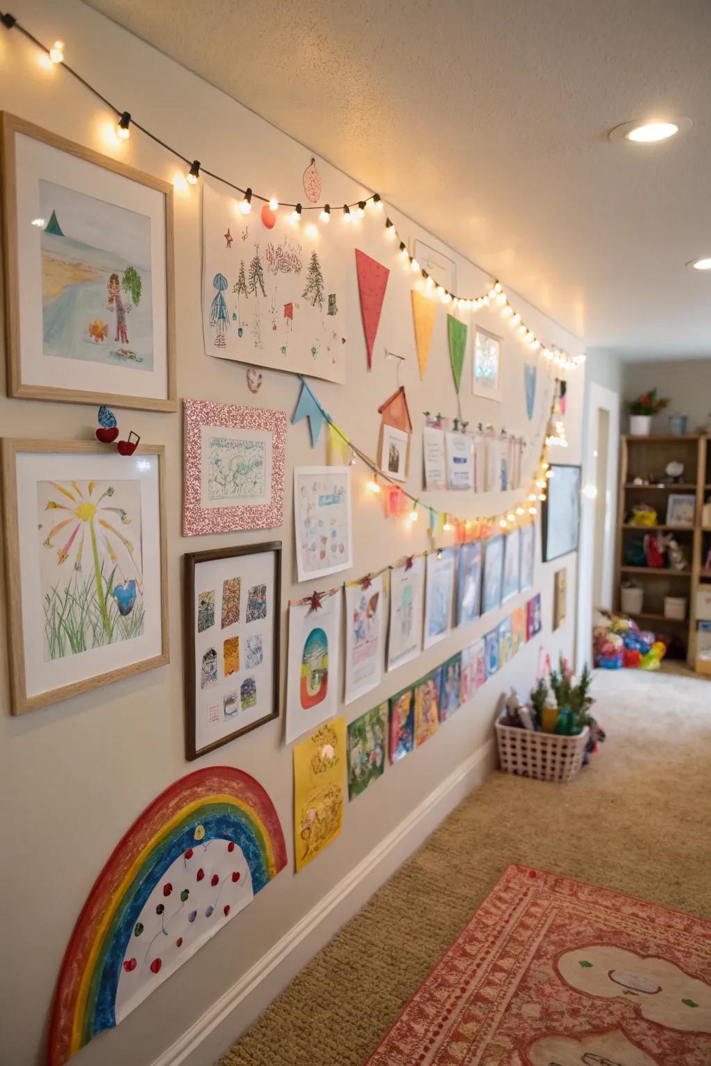 Children’s artwork beautifully displayed on a playroom wall, adding a personal touch.