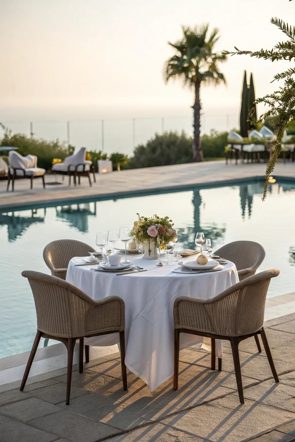 Poolside dining areas are ideal for enjoying meals with a view.