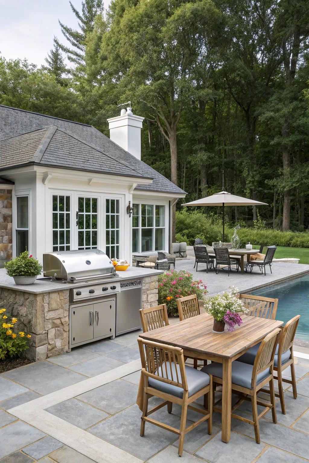 An outdoor kitchen adds a luxurious touch to the poolside experience.