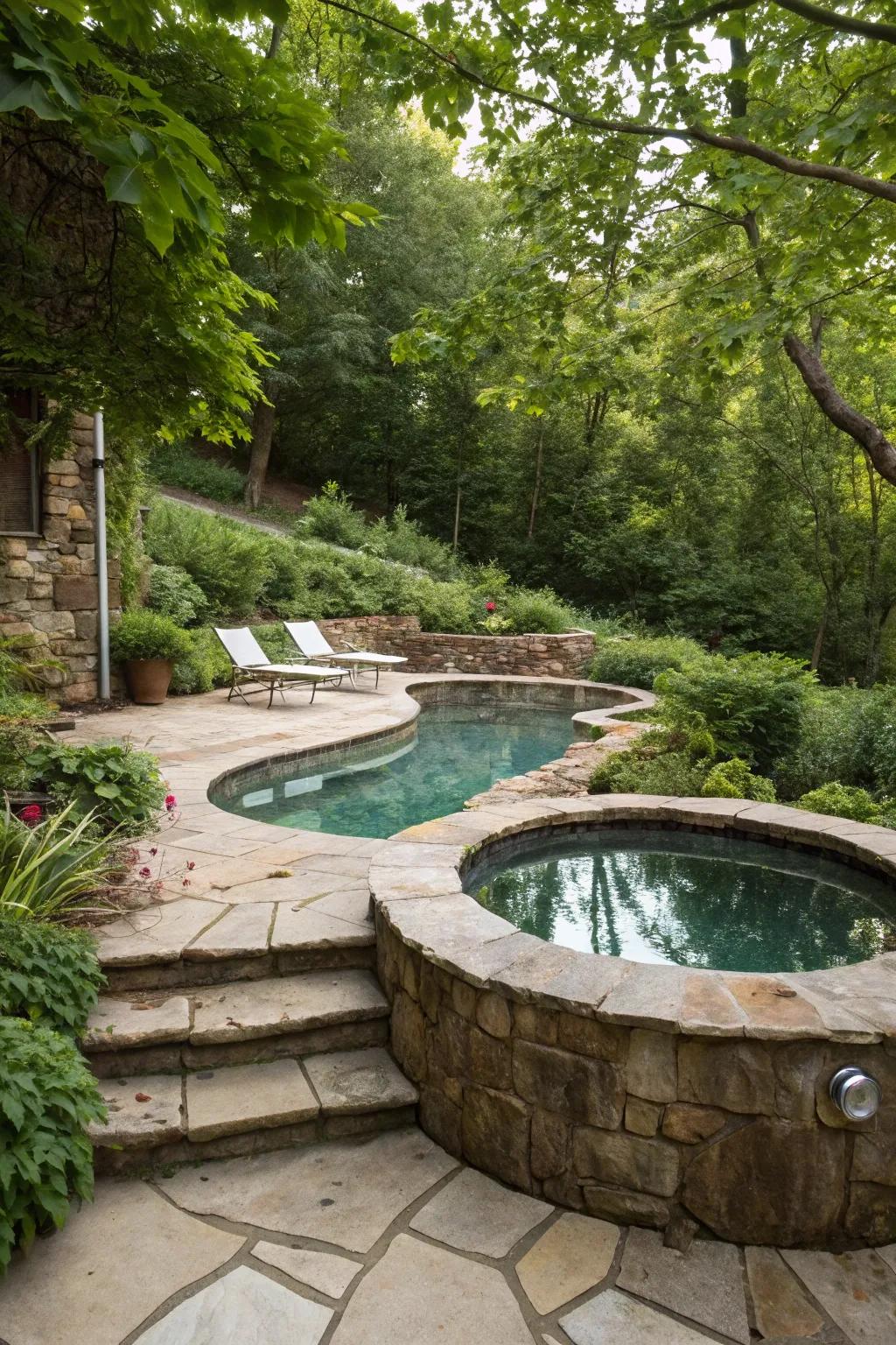 Natural stone establishes a serene, earthy atmosphere embracing your pool and jacuzzi.
