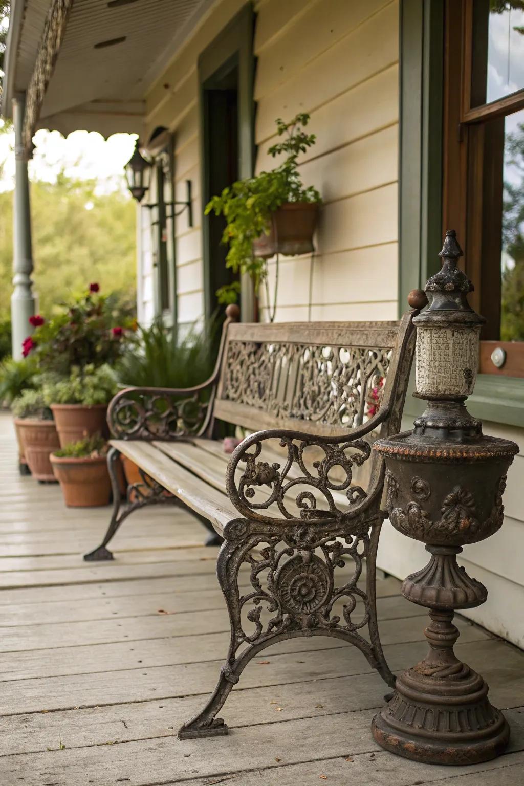 A vintage iron bench adds a classic touch to any porch.