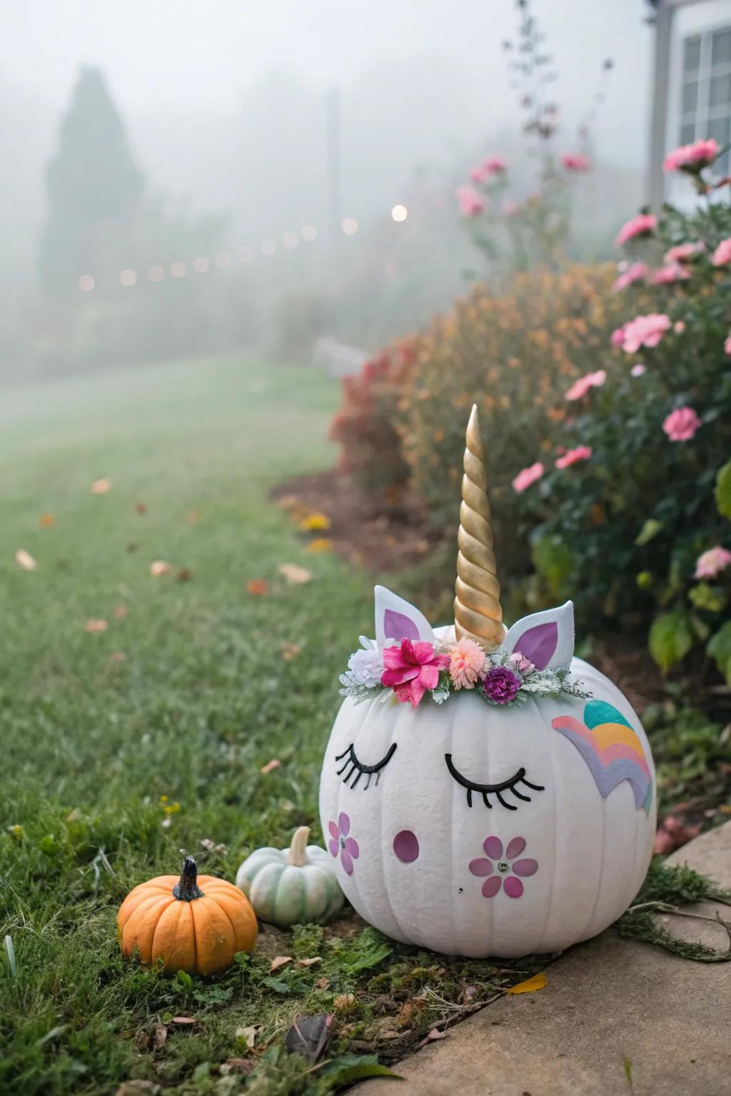 Unicorn pumpkins bring a magical touch to your fall festivities.