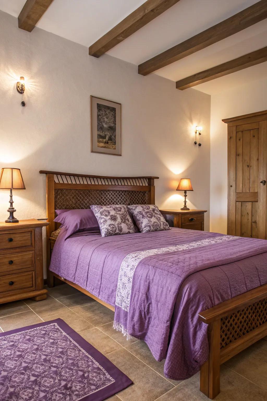 Amethyst bedding brings boldness and warmth to this bedroom.