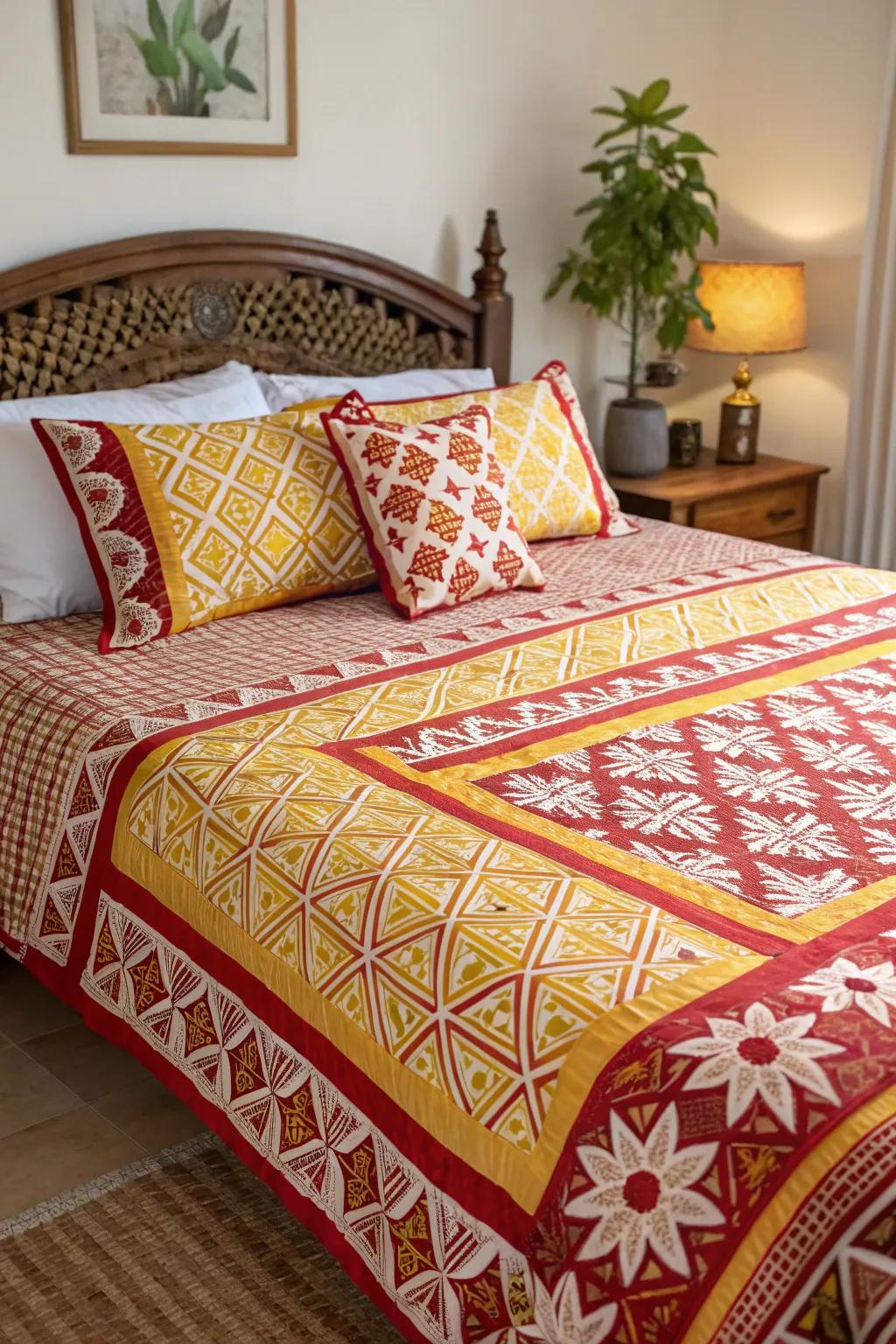 Patterned bedding in scarlet and gold brings a playful and lively feel to this bedroom.