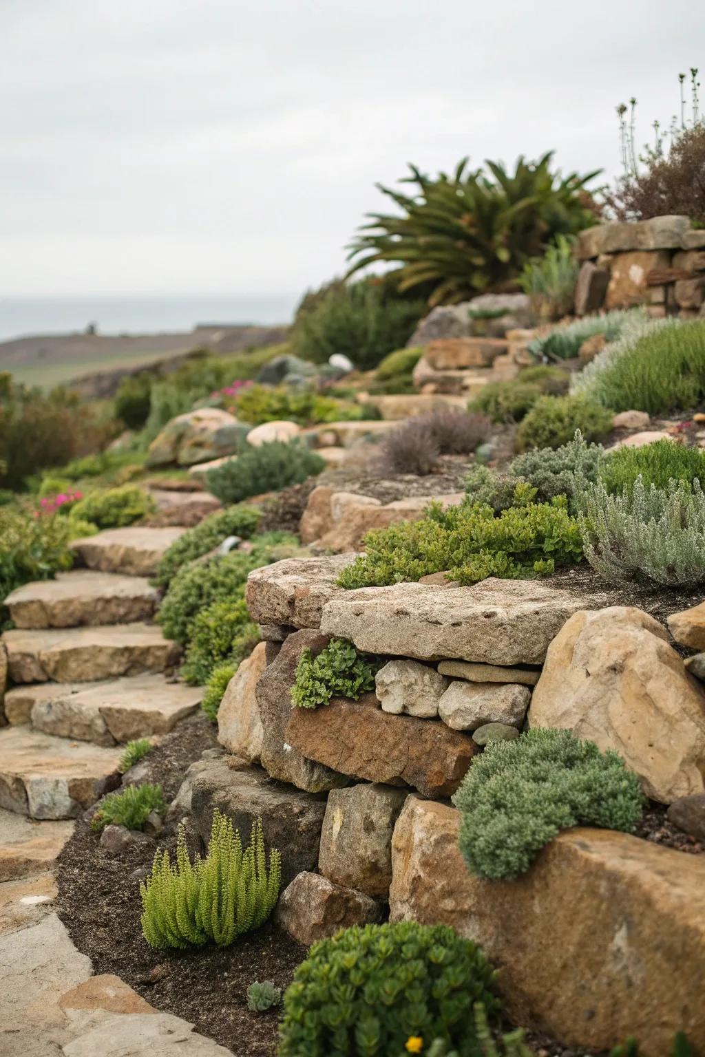 Terraced rock garden making use of sloped terrain.