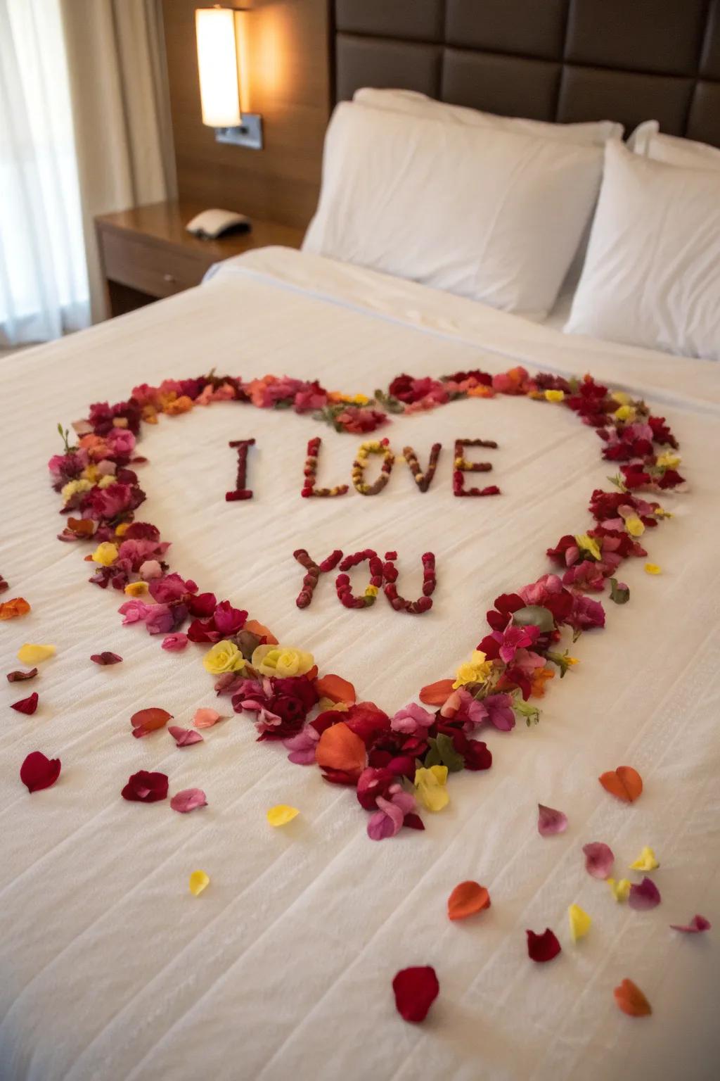 A romantic message spelled out with rose petals.