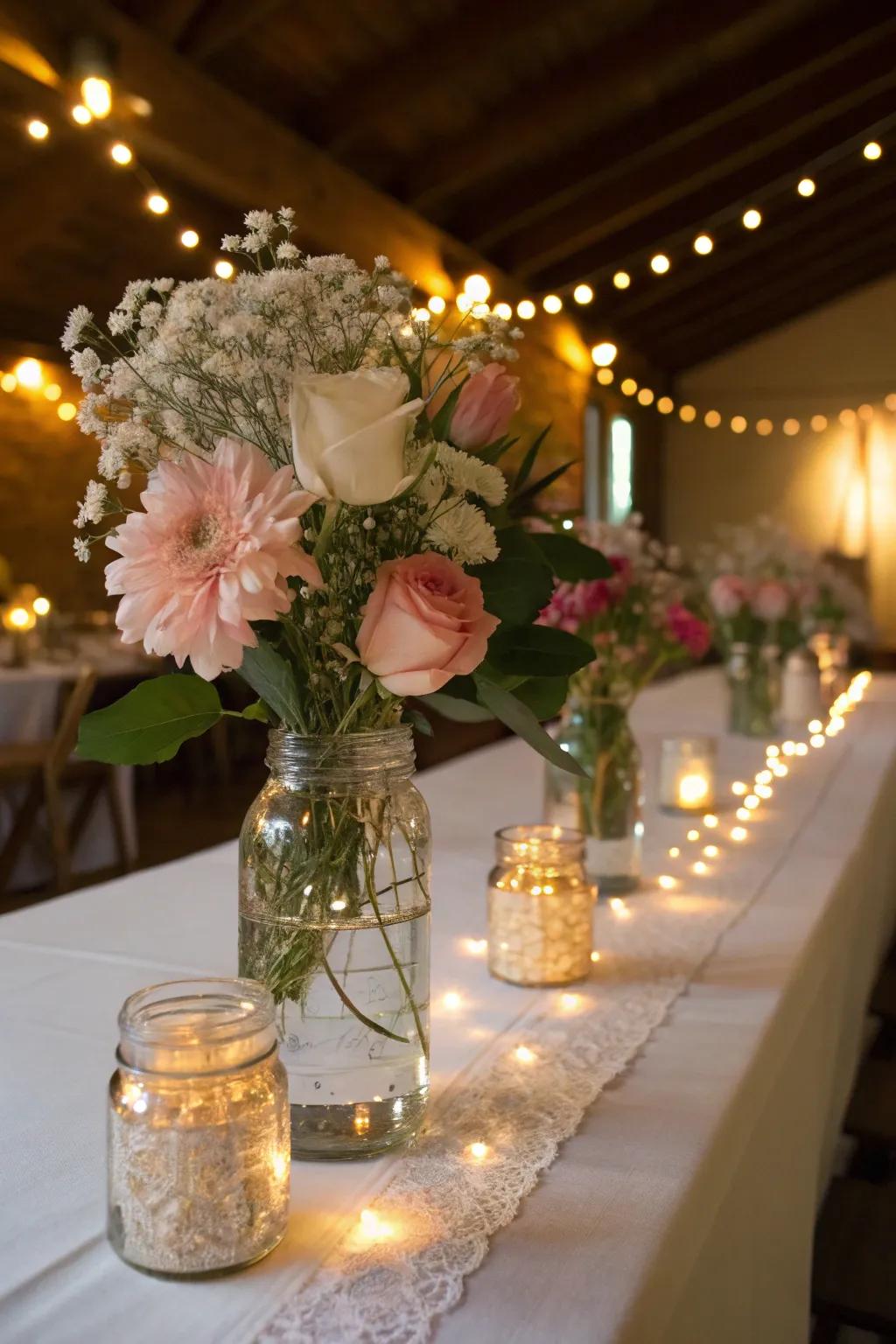 Mason jars filled with flowers and lights