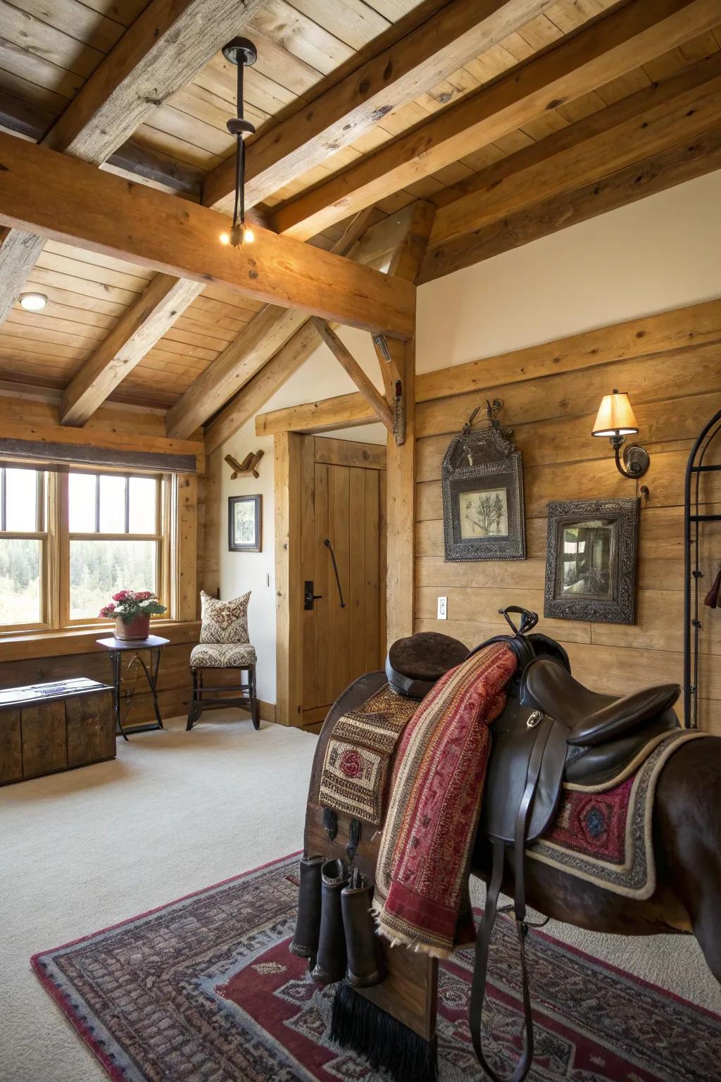 This Western-themed room perfectly combines rustic elements with saddle decor.