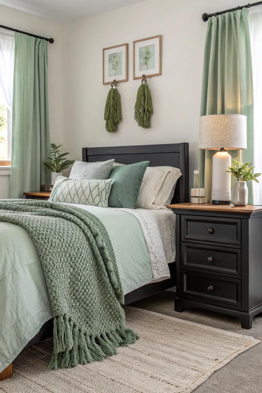 Black furniture adds depth and sophistication to a sage green bedroom.