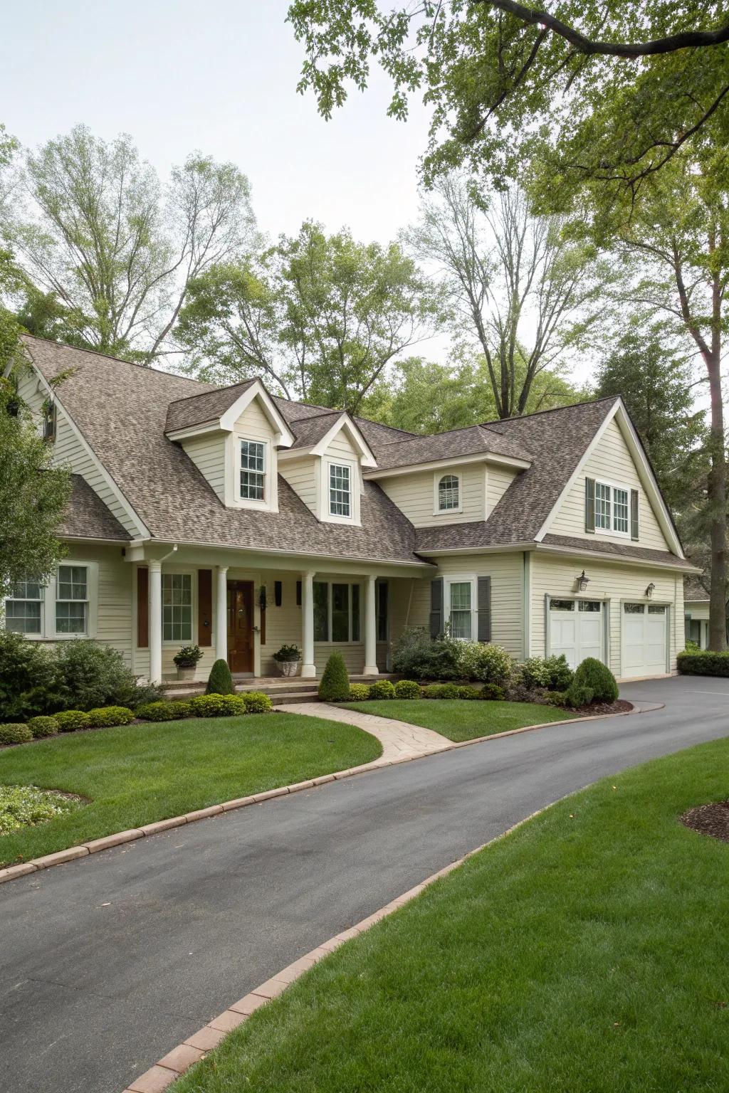 Home with perfectly symmetrical shed dormers.