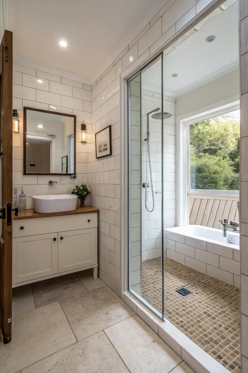 A spacious walk-in shower that enhances accessibility and openness.