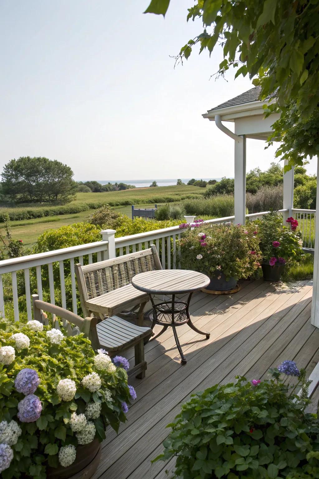 A small seating area offers a peaceful spot to relax outdoors.