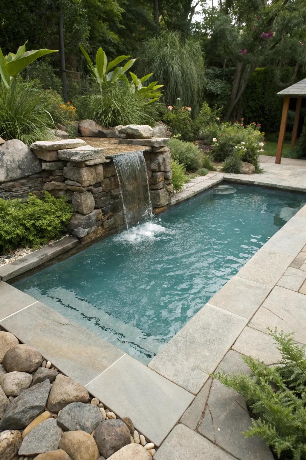 A small waterfall feature adds tranquility and elegance.